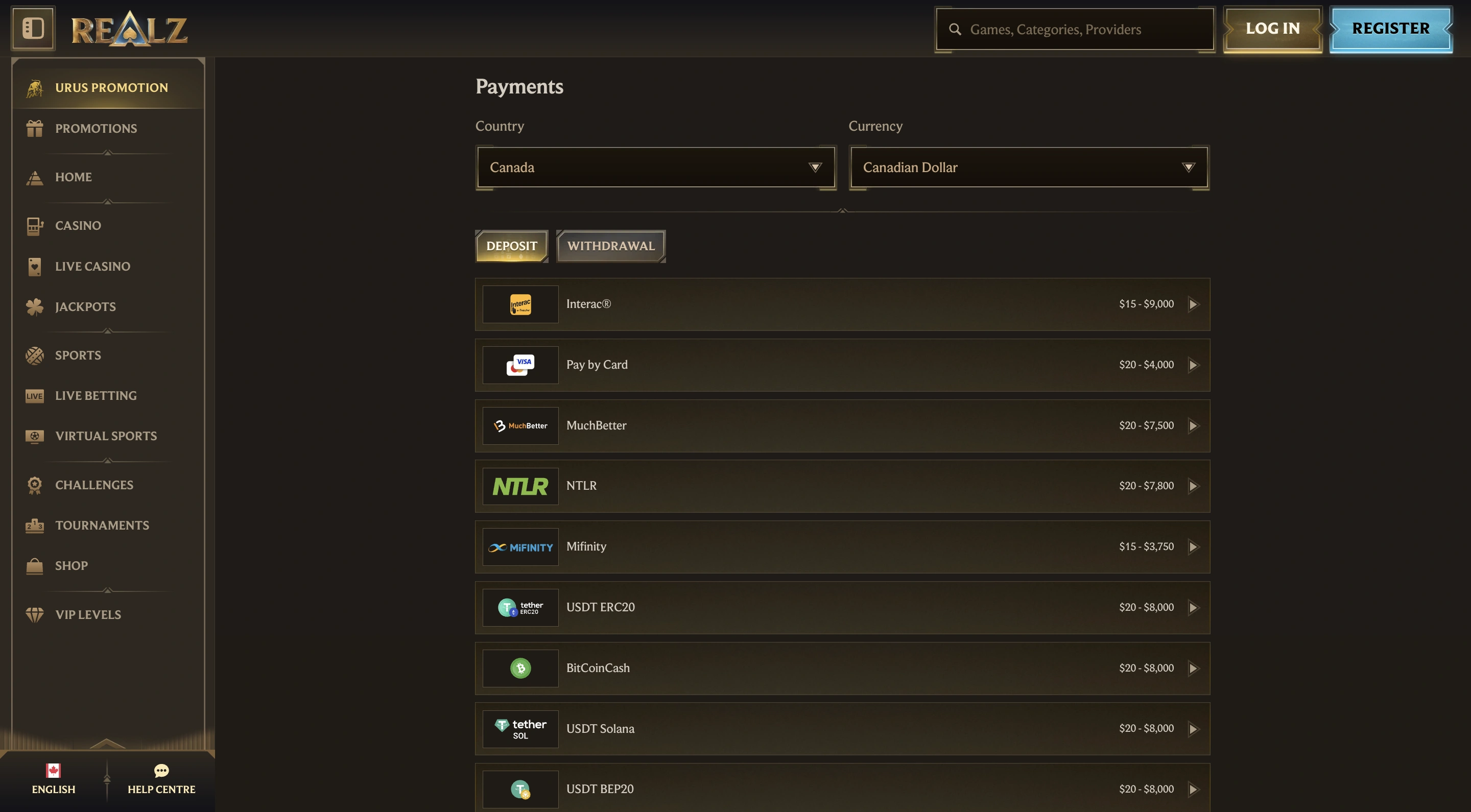 Realz Casino CAD cashier funding and cashing out