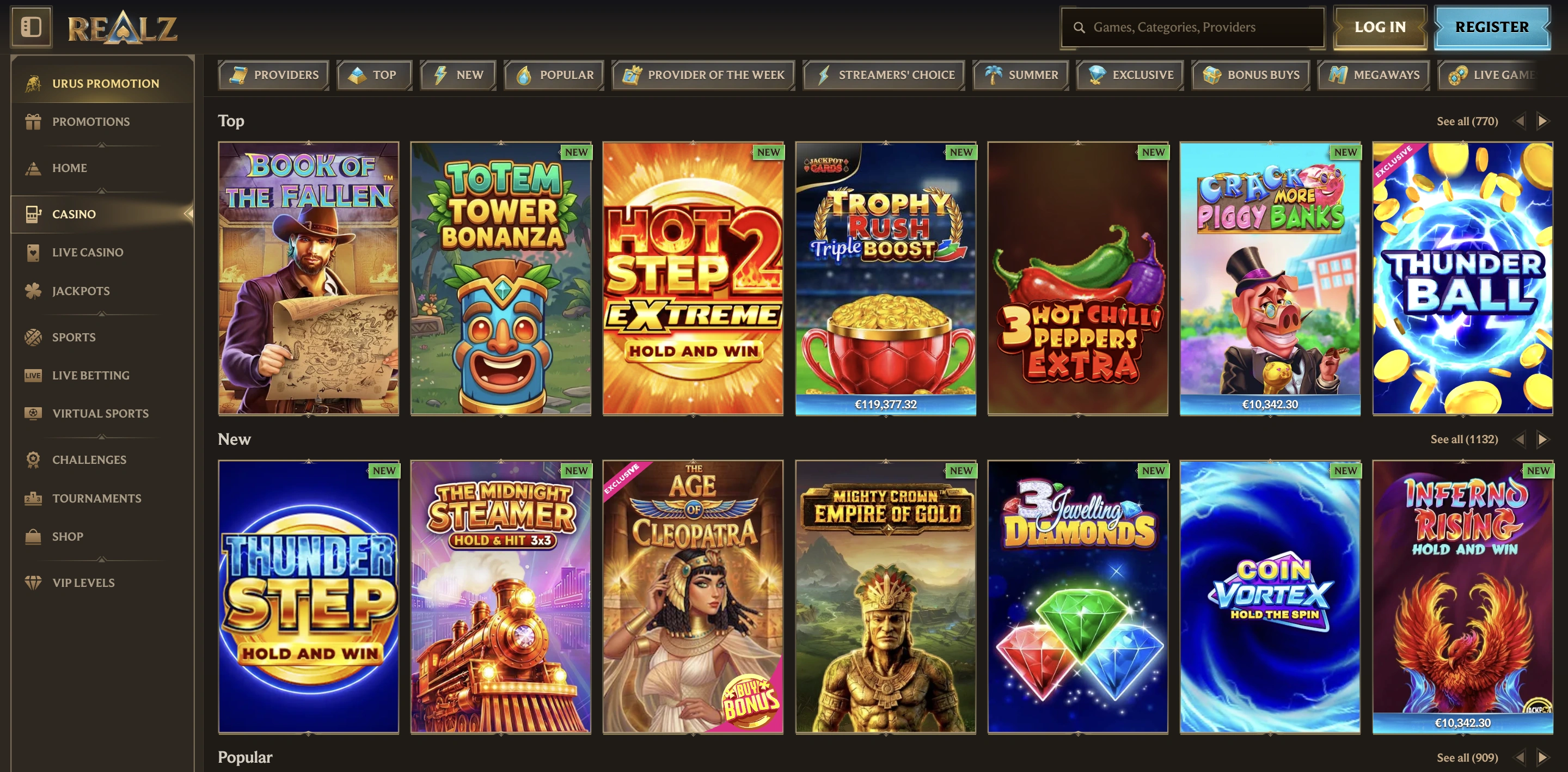 Realz Casino Canada game library overview
