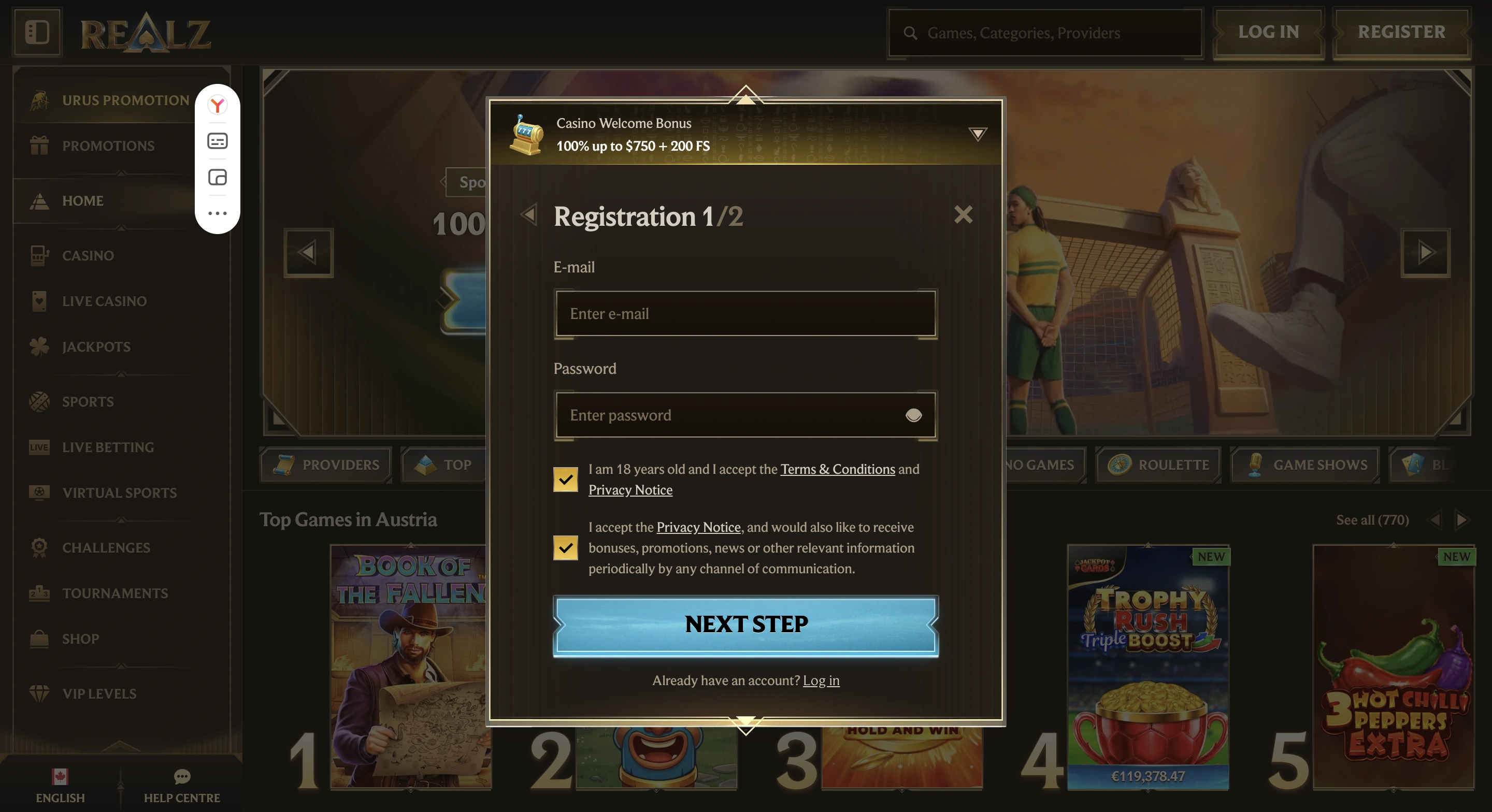 Realz Casino sign-up and account login
